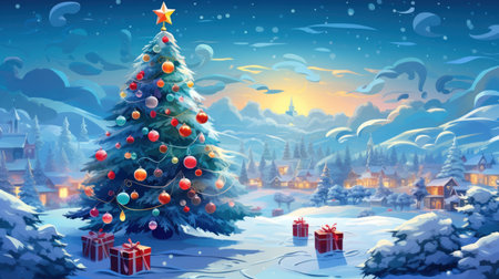 Winter landscape with christmas tree and gift boxes. Vector illustration.の素材