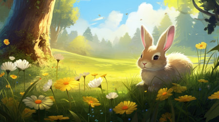 cartoon scene with happy easter bunny in the meadow - illustration for childrenの素材