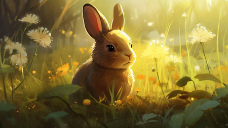 Easter bunny in the meadow with dandelions and flowersの素材
