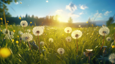 Beautiful dandelions in the meadow at sunset. Nature backgroundの素材