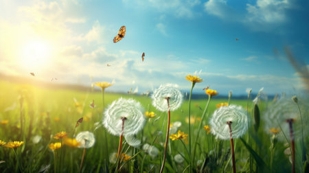 Dandelion meadow with flying butterflies at sunset. Nature backgroundの素材