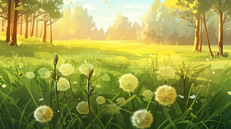 Summer landscape with dandelions on the meadow. Vector illustrationの素材
