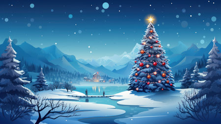 Christmas landscape with fir tree, snow and mountains. Vector illustration.の素材