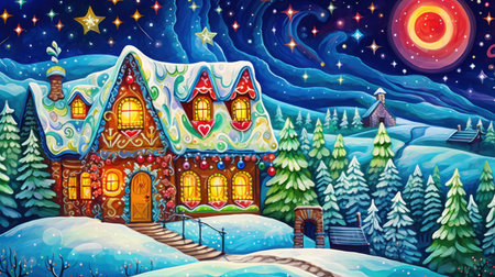 Cartoon christmas landscape with house in the forest - illustration for childrenの素材