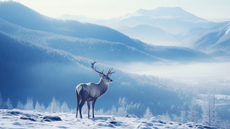Majestic deer stag in winter landscape. Panoramic image.の素材