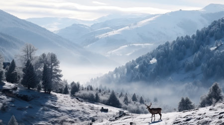Foggy winter landscape with deer on the top of a mountainの素材