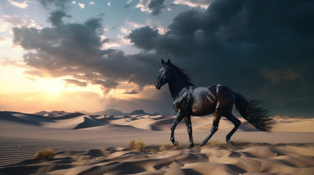 Horse in the desert at sunset. 3d render illustration.の素材
