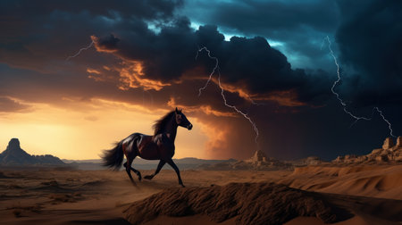 Horse in the desert at sunset. 3d render illustration.の素材