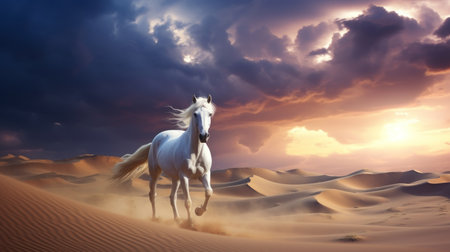 Horse in the desert at sunset. 3d render illustration.の素材