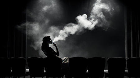 Silhouette of a woman smoking an electronic cigarette in the cinemaの素材