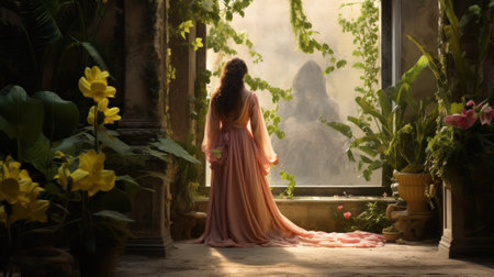 Beautiful girl in a long pink dress standing on the windowsill with flowersの素材