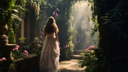 Girl in dress in the garden with orchids.の素材