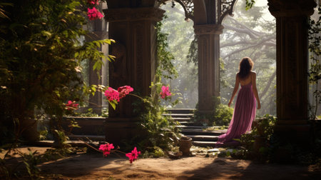 Girl in dress in the garden with orchids.の素材