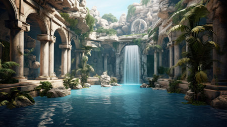Fantasy landscape with waterfall and swimming pool. 3D rendering.の素材