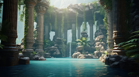 3d render of a fantasy garden with stone columns and a pondの素材
