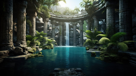 3d render of fantasy garden with waterfalls and tropical plants.の素材