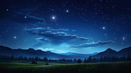 Night landscape with mountains, meadow and stars. Vector illustration.の素材