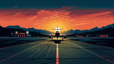 Airplane on the runway at the airport at sunset. Vector illustrationの素材