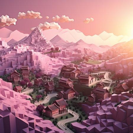 Mountain landscape with houses and roads. 3d render illustration.の素材