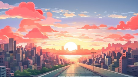 Cityscape at sunset, 3d render. Modern cityscape background.の素材