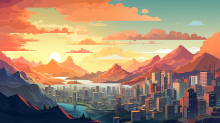 Cityscape at sunset. Vector illustration in flat cartoon style. Cityscape with skyscrapers, high-rise buildings and sky with clouds.の素材