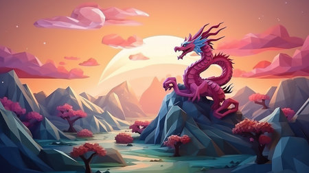 Dragon flying on the mountain. 3d rendering, low polygonの素材