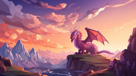 Dragon flying on the mountain. 3d rendering, low polygonの素材