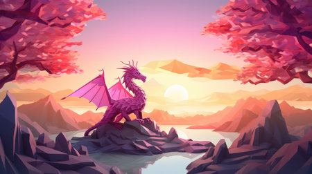 Dragon flying on the mountain. 3d rendering, low polygonの素材