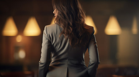 Rear view of businesswoman in suit posing in a restaurant.の素材