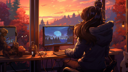 Young woman sitting at a table in front of a computerの素材