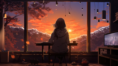 Young woman sitting on the window and looking at the city at sunsetの素材