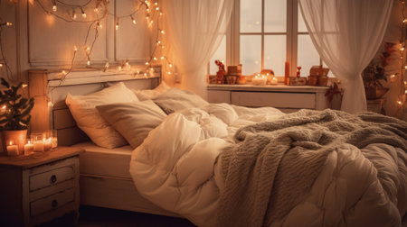 Christmas and New Year holidays concept. Cozy bedroom interior with Christmas decorations and lights.の素材