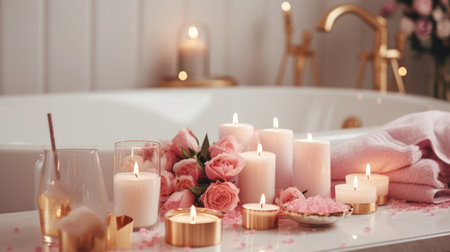 Beautiful spa composition with burning candles on table in bathroom, closeupの素材
