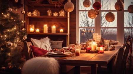 Beautiful Christmas interior with Christmas tree, gifts, candles and decorationsの素材