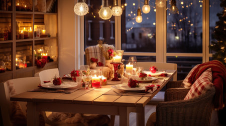 Beautiful Christmas table setting with candles and decorations. Decorated with red roses.の素材