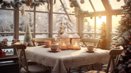 Christmas table setting with candles in cozy home interior on background of winter forestの素材