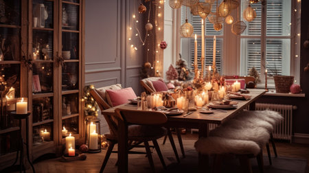 Interior of living room with christmas decorations, candles and presentsの素材