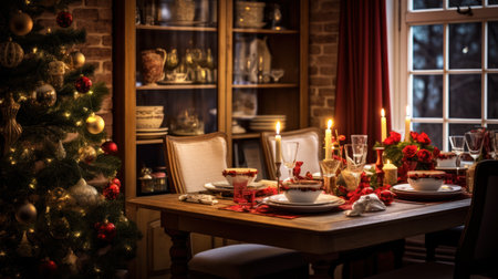 Christmas table setting with candles and christmas tree in a living roomの素材