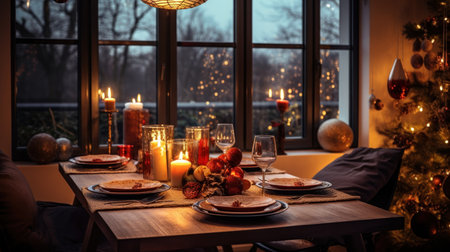 Christmas table setting with candles and decorations on the background of the windowの素材