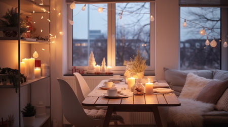 Interior of modern dining room with christmas decoration. Christmas eveの素材