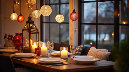 Christmas table setting with candles, plates and crockery in cozy home interiorの素材