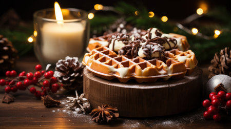 Traditional Belgian waffles with chocolate and nuts on a wooden backgroundの素材
