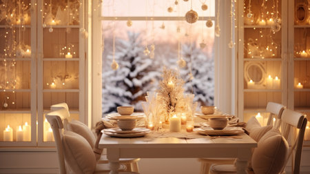 Beautiful Christmas table setting in living room at home. Festive decorの素材