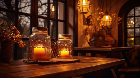 Candles in a glass jar on a wooden table in a cozy cafeの素材