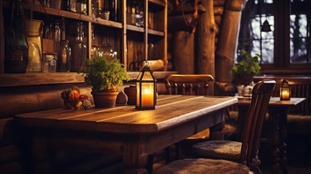 Interior of a rustic pub with wooden tables and chairs.の素材