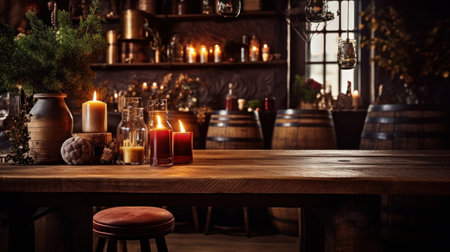 Wooden table with candles and wine barrels in wine cellar interior.の素材