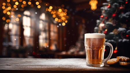 Mug of beer on wooden table in front of christmas lightsの素材