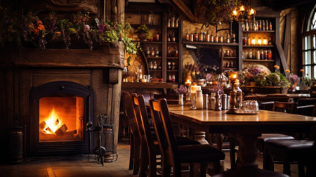 Cozy restaurant interior with fireplace and wooden tables. Toned imageの素材