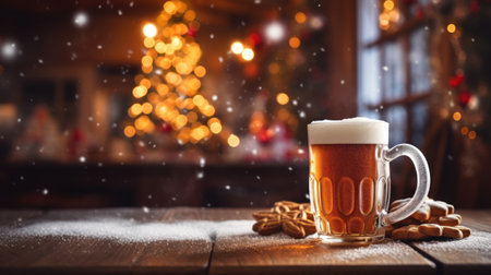 Mug of beer on wooden table in front of christmas treeの素材