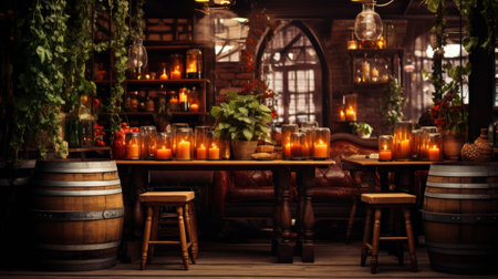 Wine bar interior with candles and wine barrels. Vintage styles.の素材